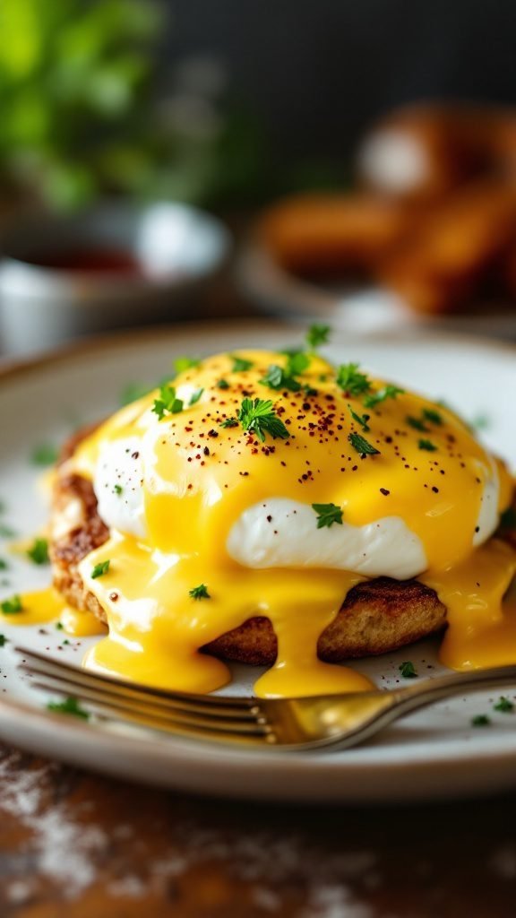 Eggs Benedict topped with hollandaise sauce and garnished with herbs