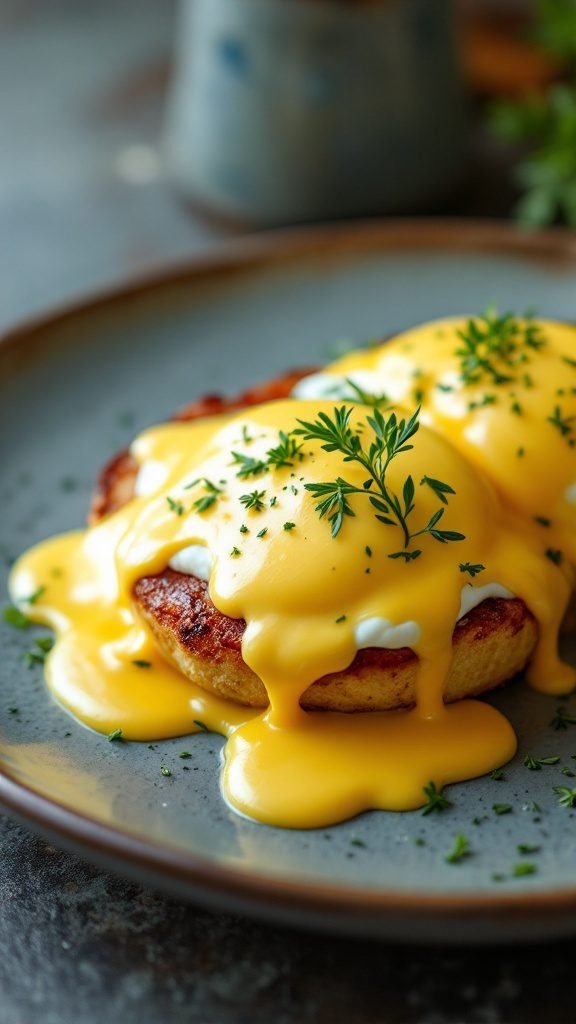 Eggs Benedict with hollandaise sauce on a plate, garnished with herbs