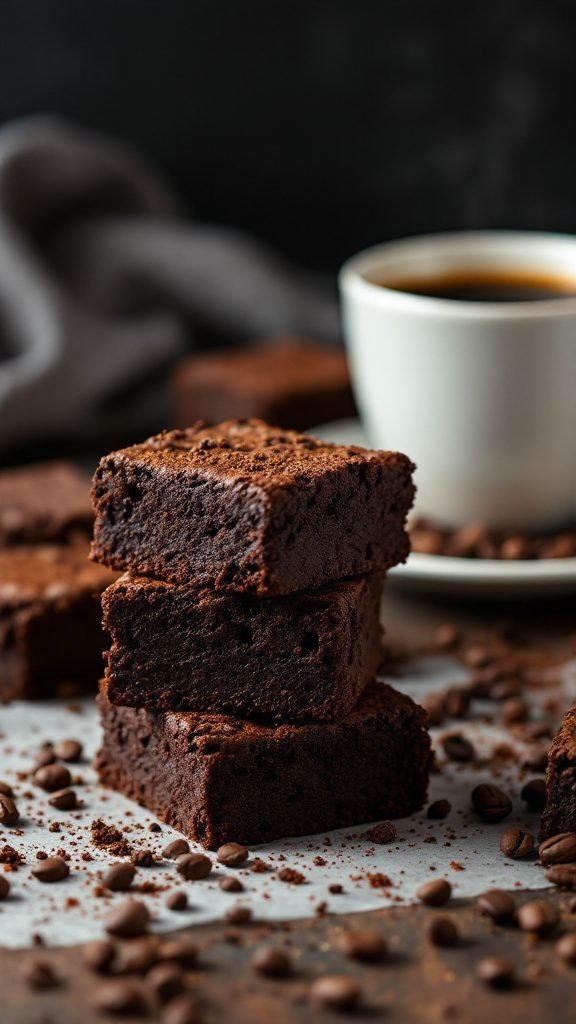 Delicious espresso brownies stacked with coffee beans scattered around