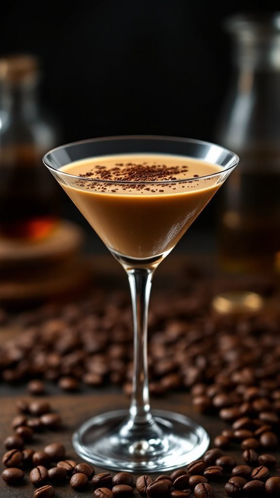 A sleek Espresso Martini garnished with coffee beans, surrounded by coffee beans.