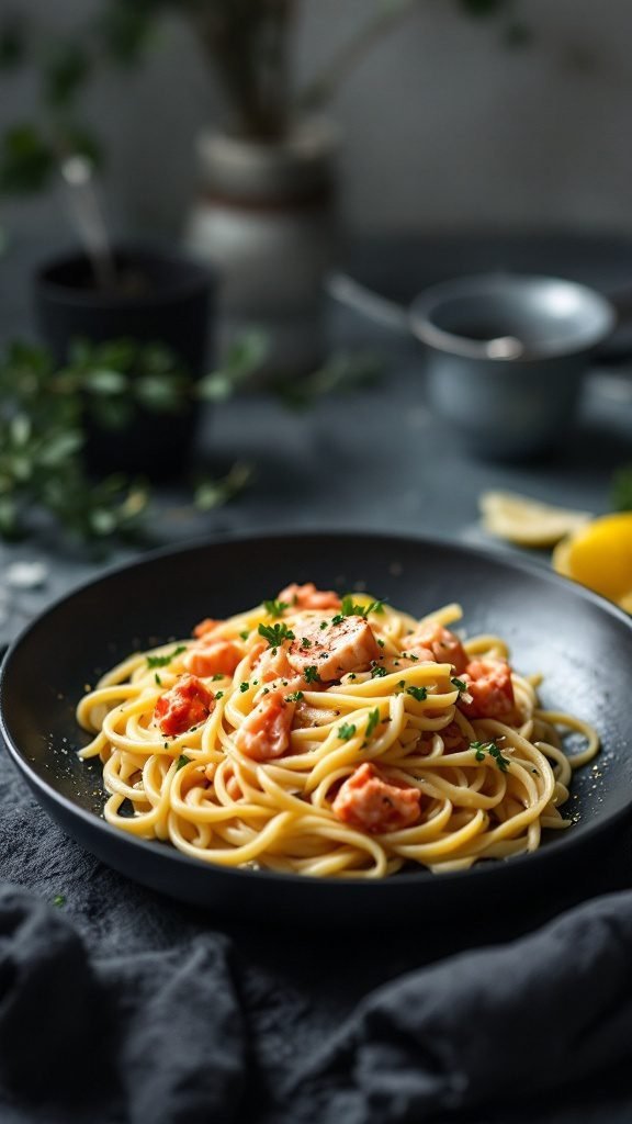 A bowl of fettuccine pasta topped with crab meat and garnished with parsley.
