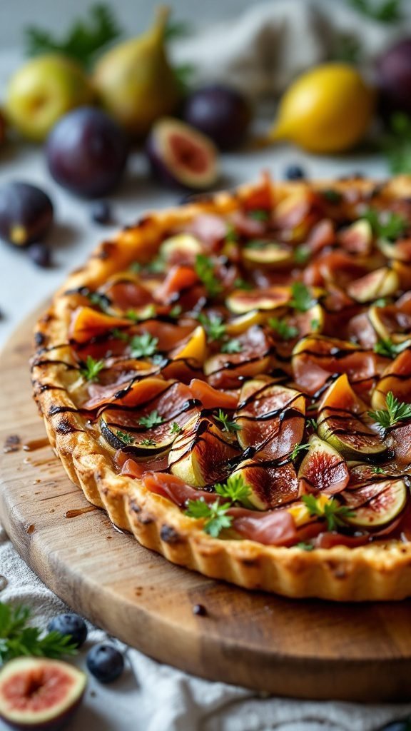 A flavorful fig and prosciutto tart garnished with parsley.