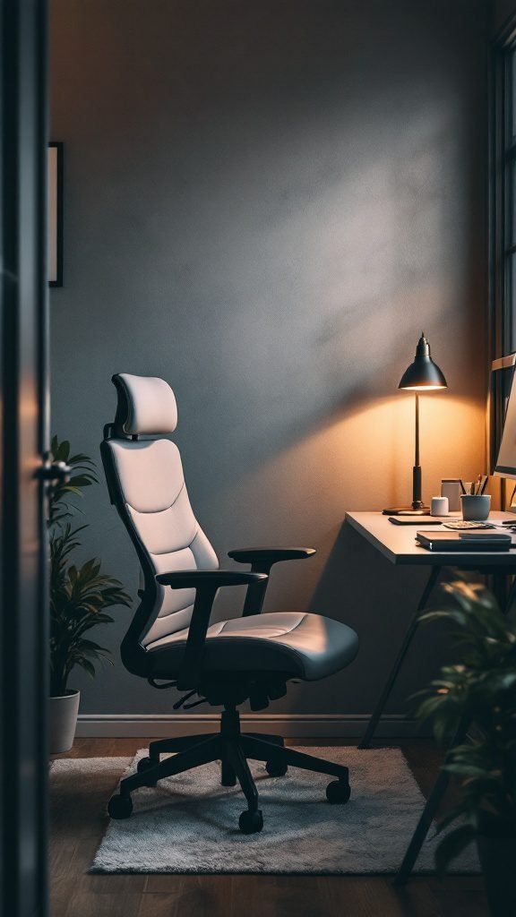 A stylish ergonomic chair in a cozy home office setting, featuring warm lighting and minimalist decor.