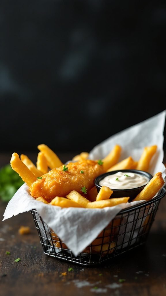 A basket of fish and chips bites served with tartar sauce and fries.