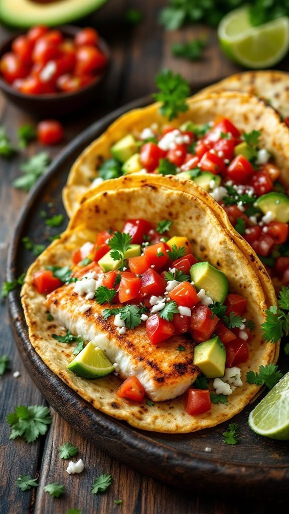 Fish tacos with fresh salsa, garnished with cilantro and lime