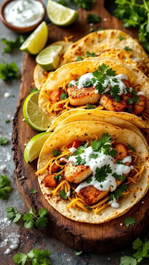 Delicious fish tacos with lime crema and fresh ingredients.