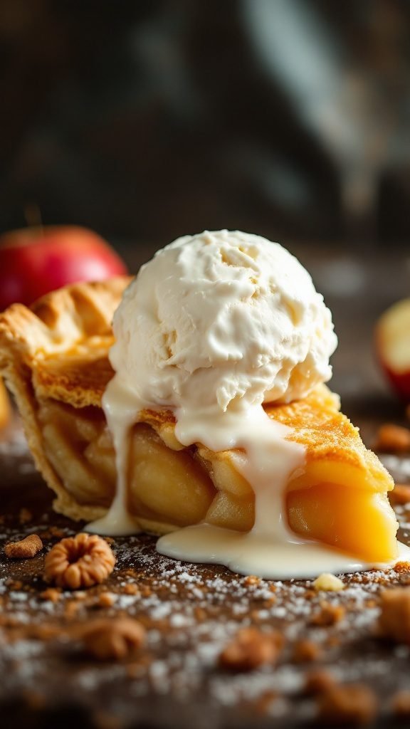 A slice of flaky apple pie topped with ice cream