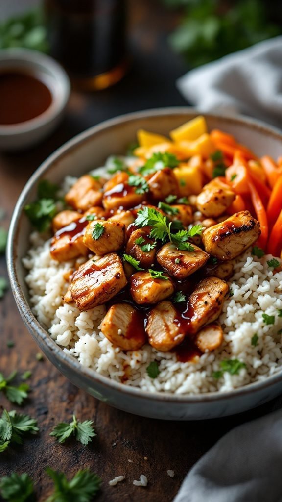 A bowl of teriyaki chicken served over rice with colorful vegetables and garnished with cilantro.
