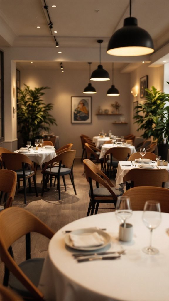 A modern dining room with flexible seating arrangements, featuring wooden chairs, tables, and stylish lighting.