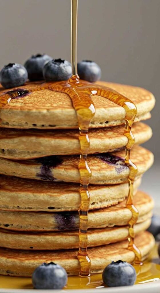 Stack of fluffy buttermilk pancakes with blueberries and syrup