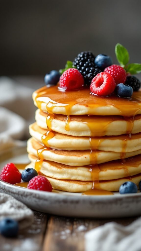 Stack of fluffy buttermilk pancakes topped with berries and syrup