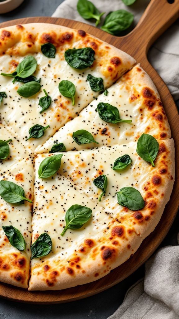 A delicious four cheese white pizza topped with fresh spinach.