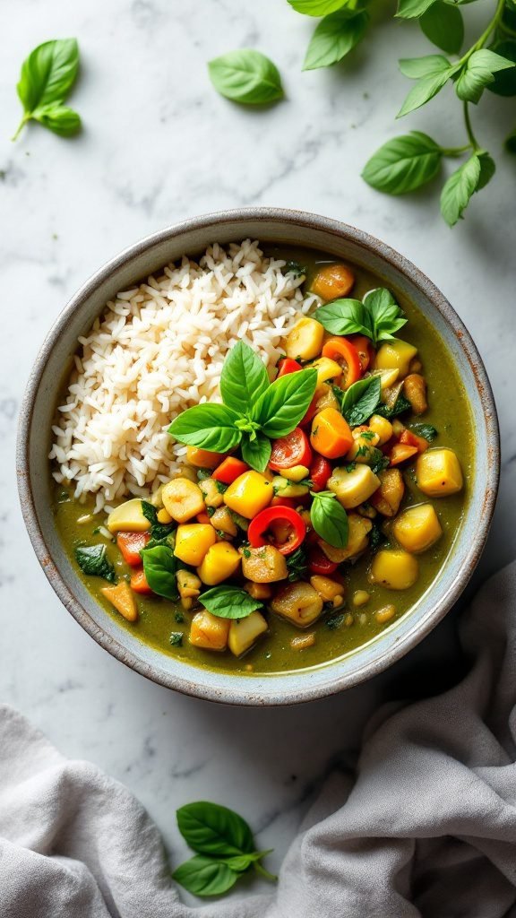 A bowl of Thai green curry with rice and fresh vegetables, garnished with basil.