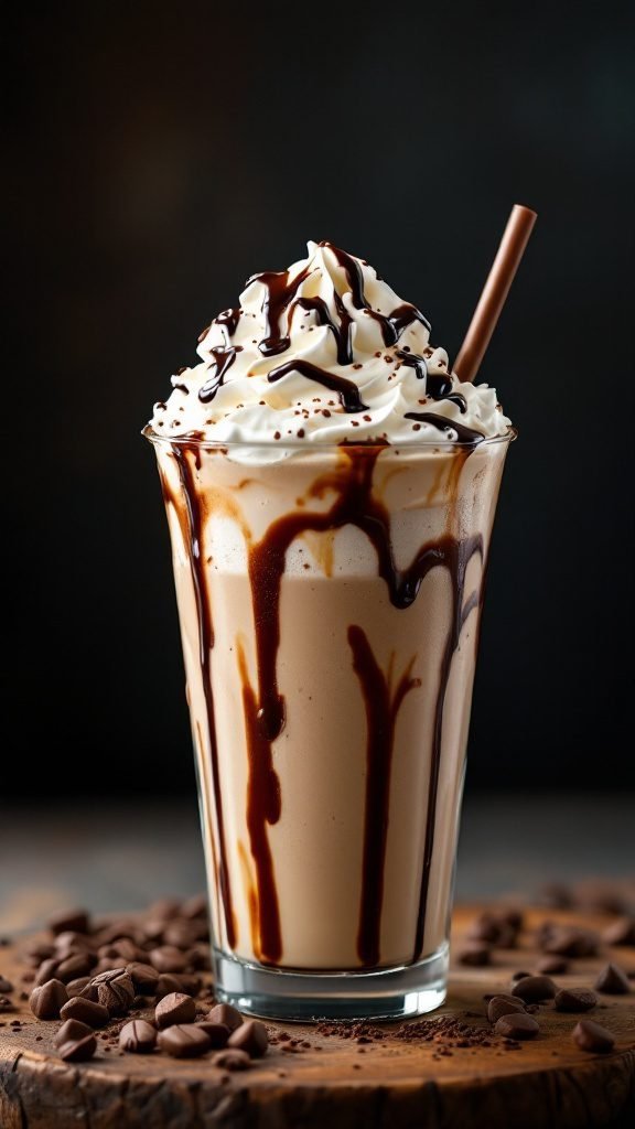A delicious frappe topped with whipped cream and chocolate syrup.