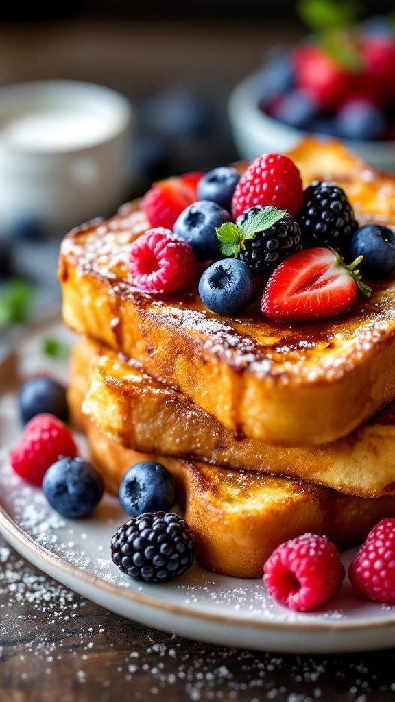 French toast topped with fresh berries and syrup