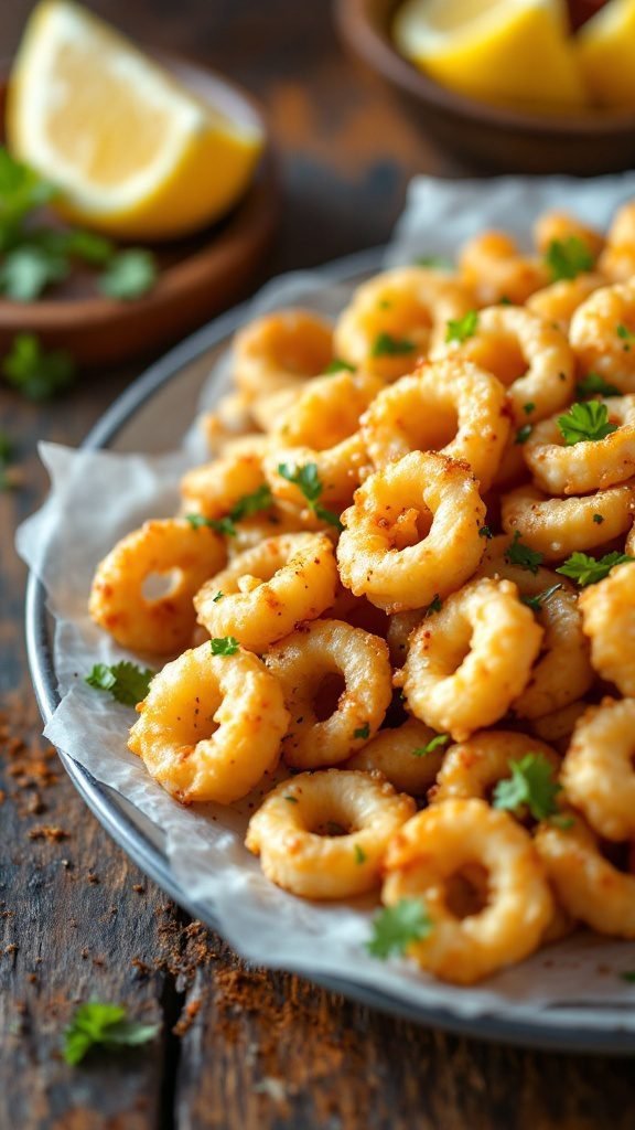 A plate of crispy fried calamari served with lemon wedges and marinara sauce.