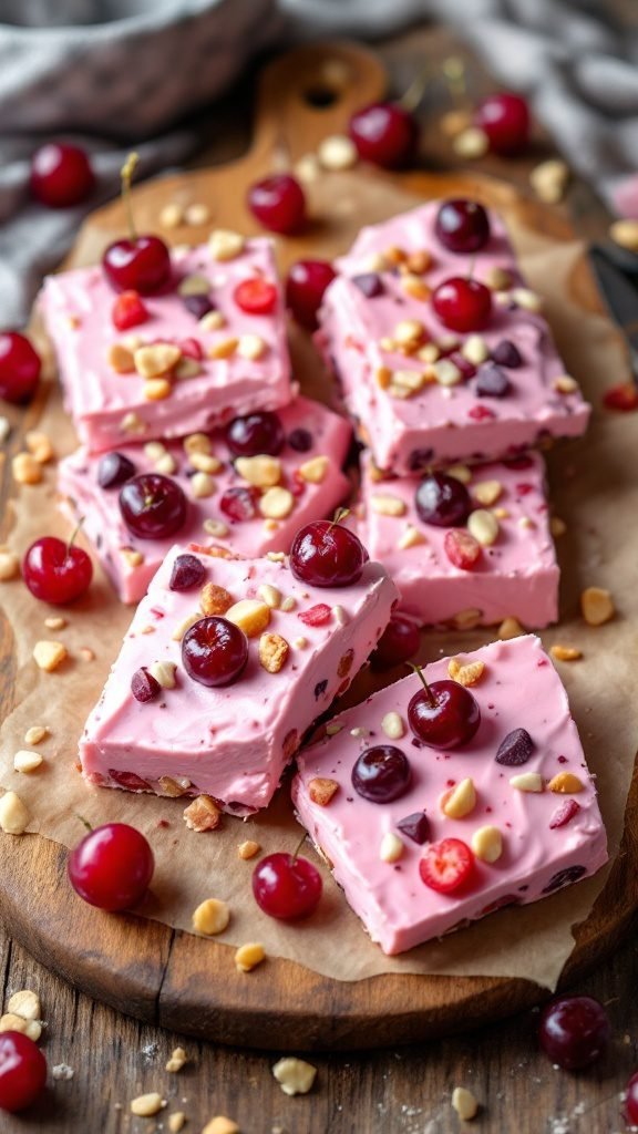 Frozen Cherry Yogurt Bark with cherries and nuts on a wooden board.