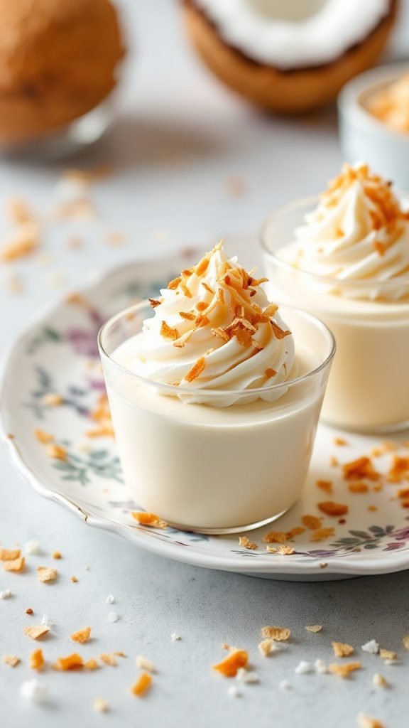 Delicious frozen coconut mousse cups topped with whipped cream and toasted coconut flakes.