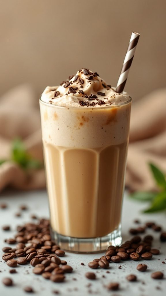 A glass of frozen coffee smoothie topped with whipped cream and chocolate shavings, surrounded by coffee beans.