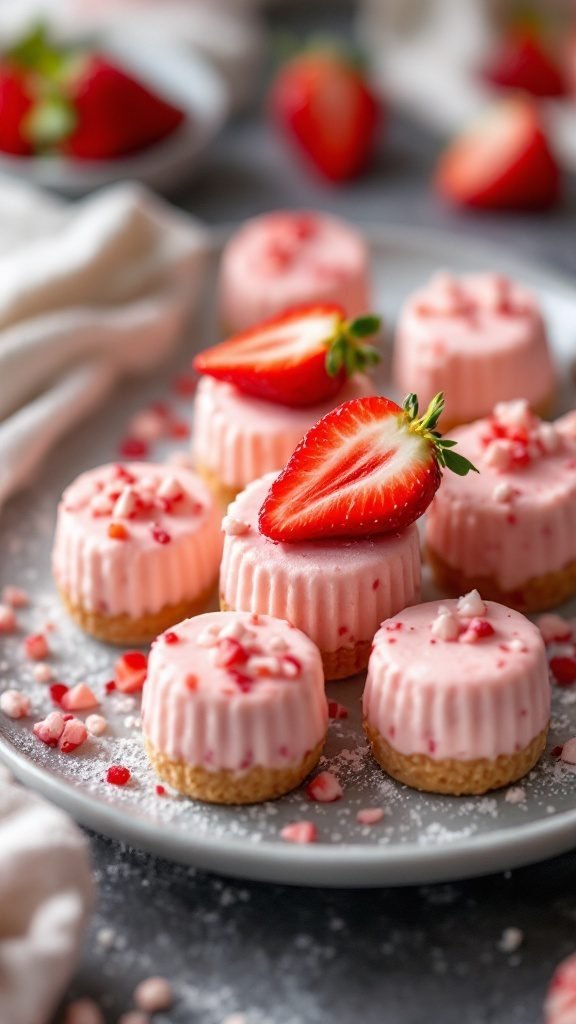Frozen Strawberry Cheesecake Bites on a plate with strawberries