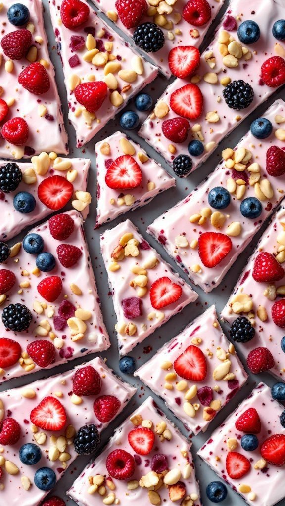 Colorful frozen yogurt bark topped with berries and nuts.