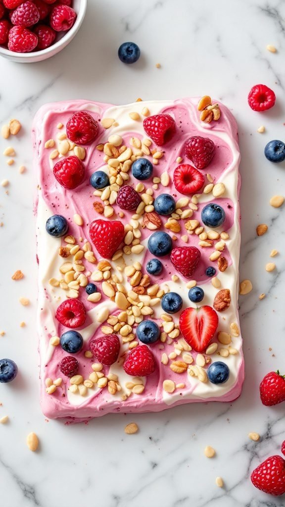 Frozen yogurt bark topped with berries and nuts.