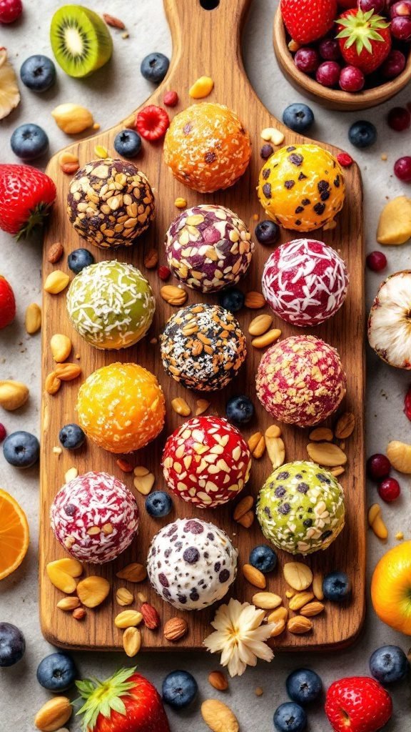 Colorful fruit and nut energy balls on a wooden board surrounded by fresh fruits and nuts.