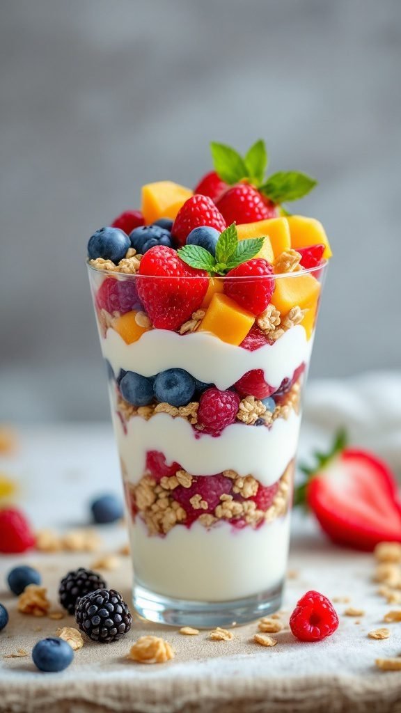 A colorful fruit and yogurt parfait with layers of yogurt, granola, and assorted fruits.