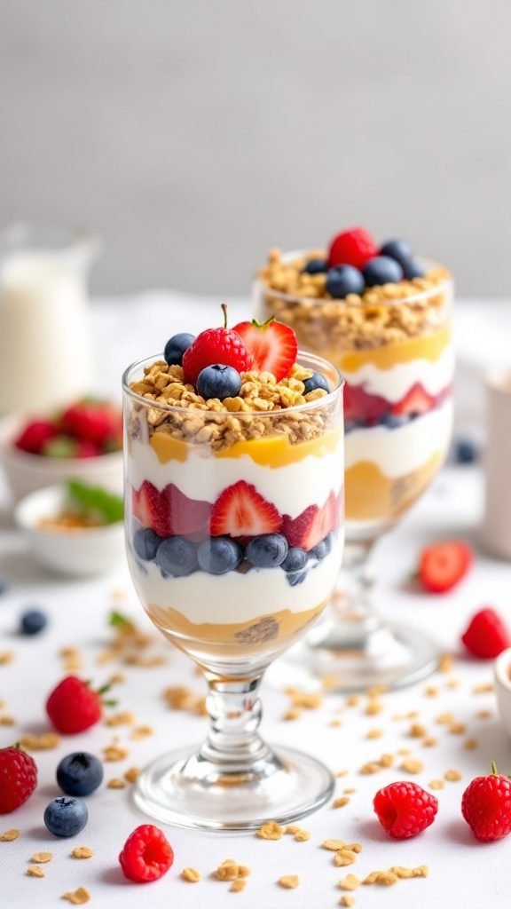 Two fruit and yogurt parfaits with layers of yogurt, fruits, and granola.