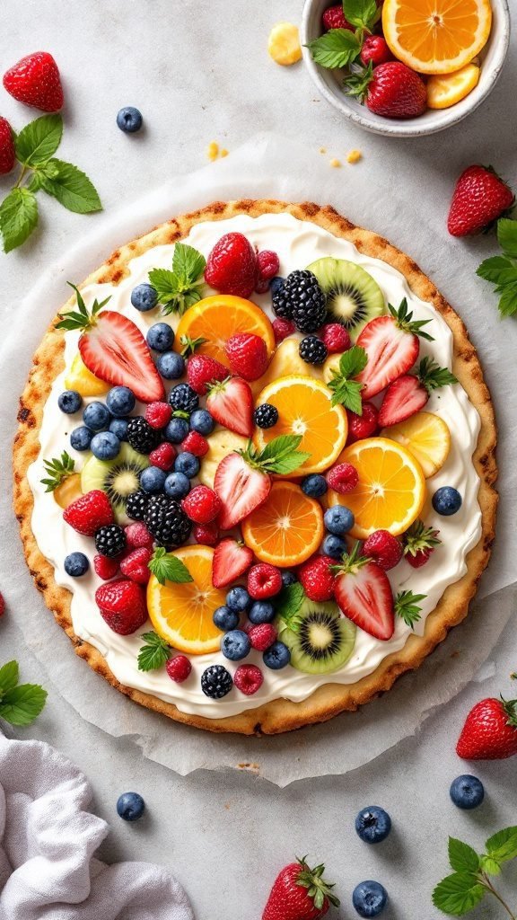 Fruit pizza topped with assorted fresh fruits and cream cheese frosting