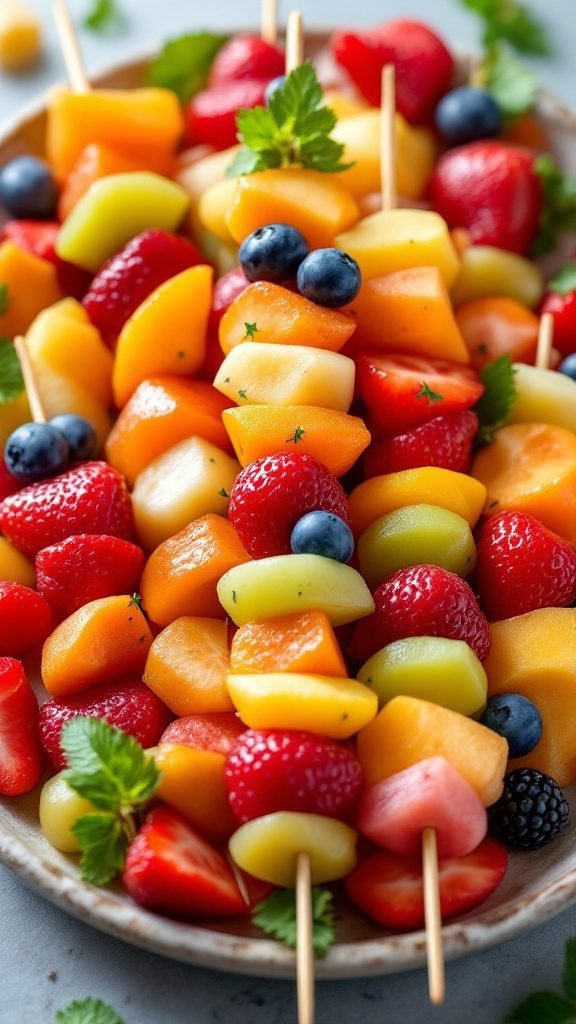 Colorful fruit skewers made of strawberries, blueberries, grapes, pineapple, cantaloupe, and honeydew, garnished with mint.