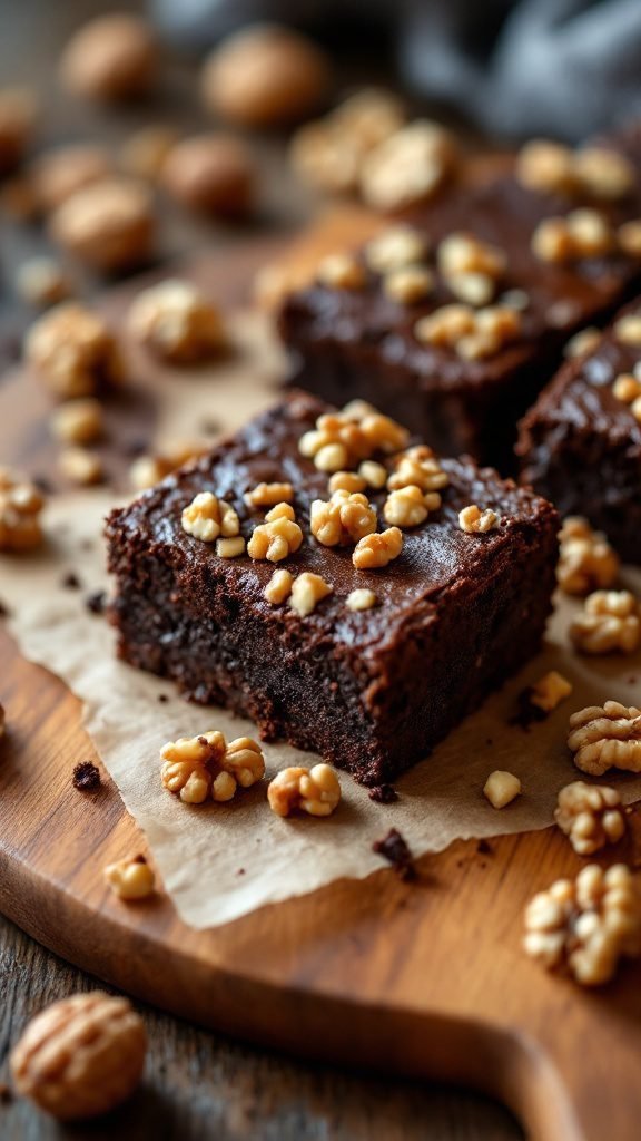 Fudgy brownies with walnuts served on a wooden board.