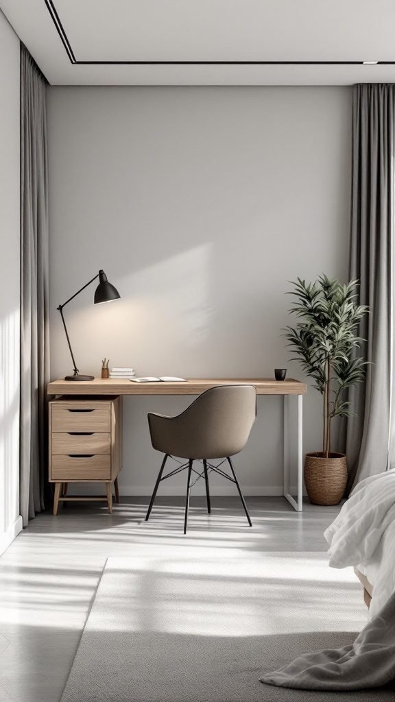 A stylish minimalist bedroom office combo featuring a wooden desk, ergonomic chair, and a potted plant.