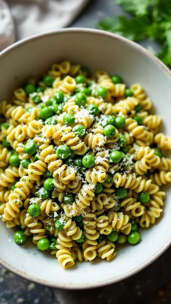 Delicious fusilli pasta mixed with pesto and peas, garnished with Parmesan cheese.