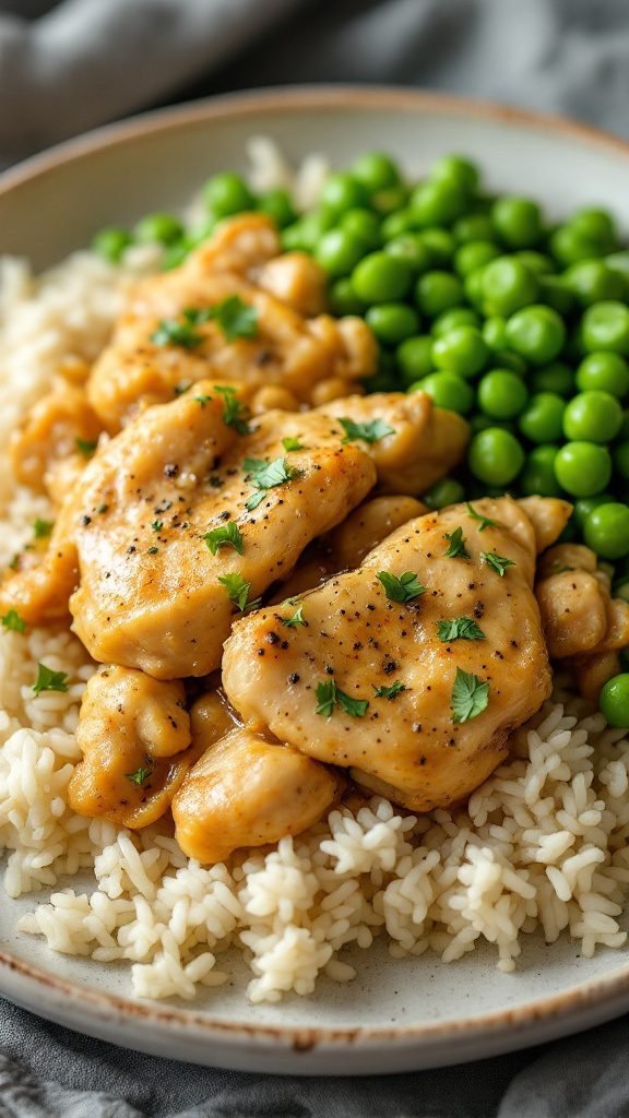 A plate of garlic butter chicken served over rice with green peas.
