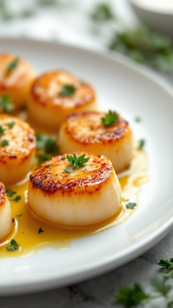 Delicious garlic butter scallops served on a plate.