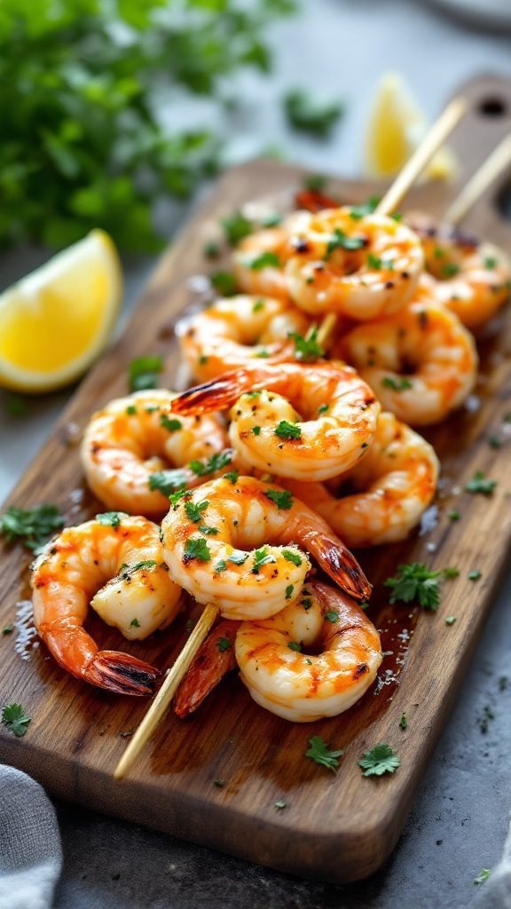 Grilled garlic butter shrimp skewers garnished with parsley and lemon