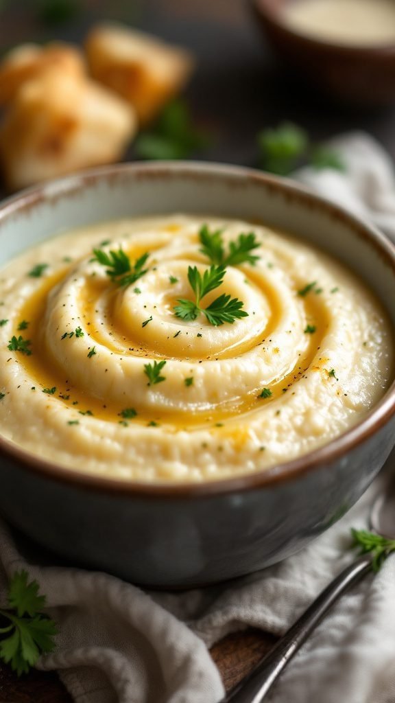 A bowl of creamy garlic parmesan grits garnished with parsley.