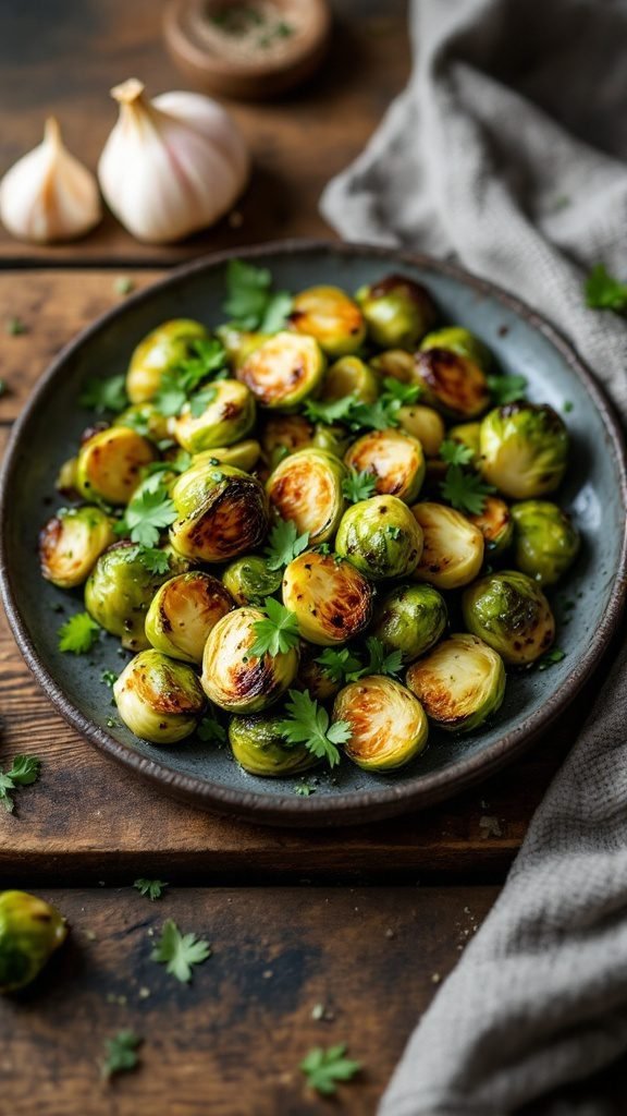 A plate of garlic roasted Brussels sprouts garnished with parsley.