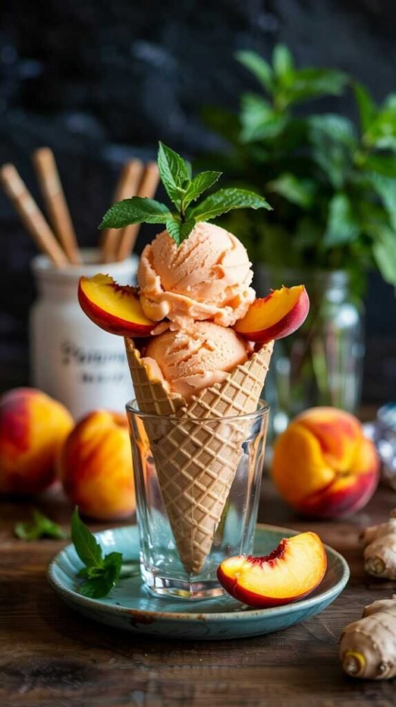 A cone filled with ginger peach sorbet topped with mint leaves and a slice of peach.