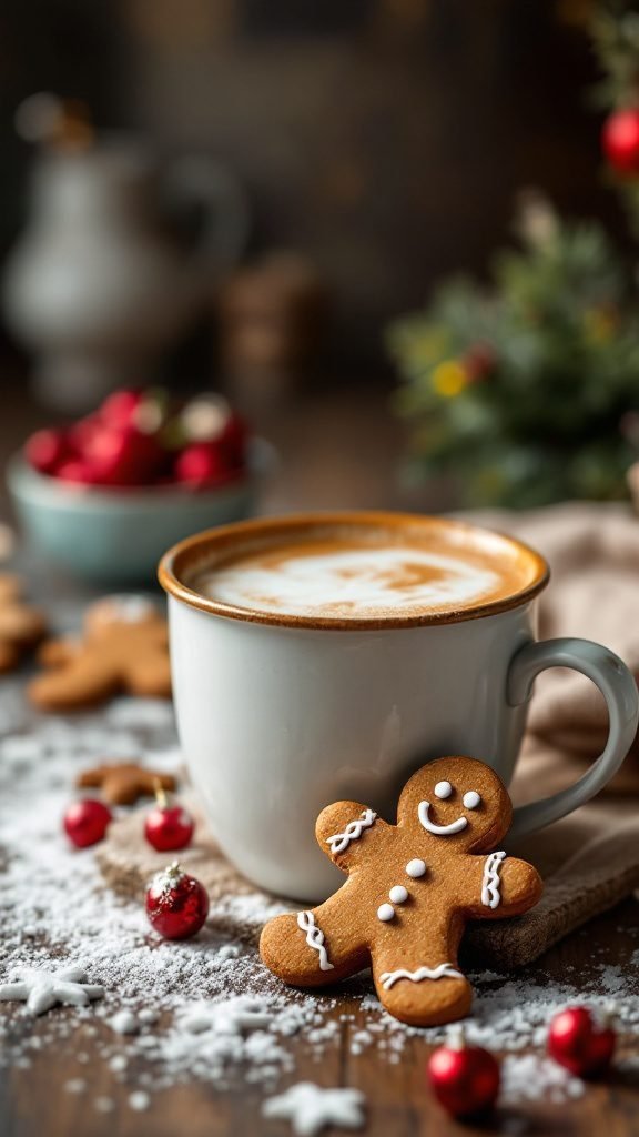 A cozy cup of gingerbread coffee with a gingerbread cookie on the side, surrounded by festive decorations.