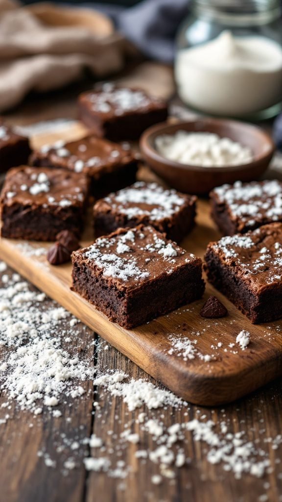 Delicious gluten-free brownies cut into squares on a wooden board, dusted with powdered sugar.