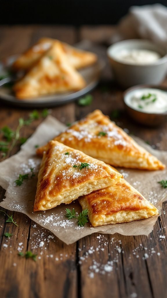 A plate of crispy Greek spinach pie pieces garnished with herbs.