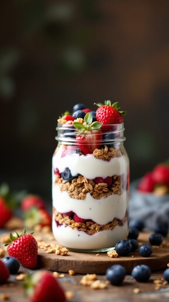 A colorful Greek yogurt parfait layered with granola and fresh berries in a jar.