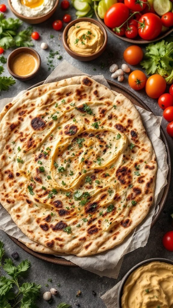 Grilled flatbread topped with hummus and garnished with parsley