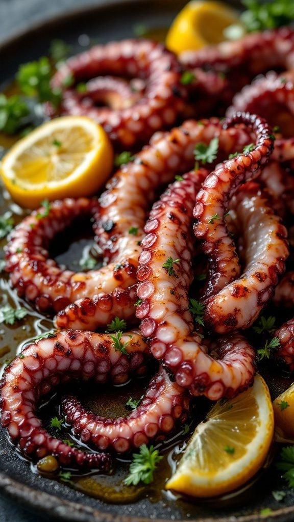 Grilled octopus served with lemon and herbs.