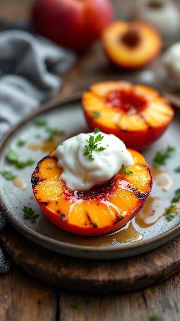 Grilled peaches topped with yogurt and honey on a plate.
