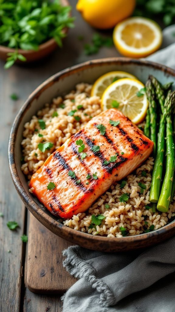 A delicious grilled salmon rice bowl with brown rice, asparagus, and lemon.