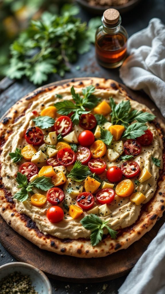 A delicious Grilled Vegetable and Hummus Pizza topped with colorful veggies and fresh herbs.