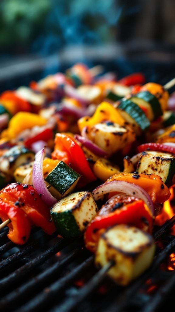 Grilled vegetable skewers with vibrant bell peppers, zucchini, and onions on a grill.